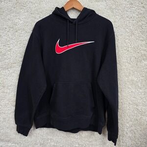 Nike Swoosh Hoodie Men's XL Black Red‎ Logo Pullover Fleece Graphic
